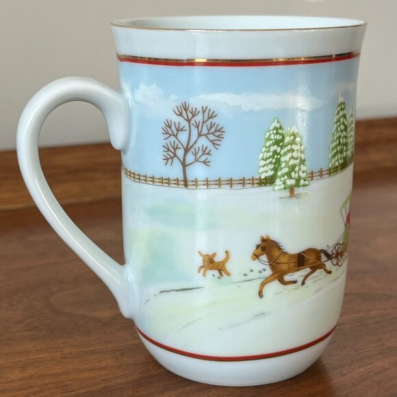 Otagiri Snowy Christmas Scene Porcelain Mug | Tree Horse-Drawn Buggy Dogs Japan - Picture 3 of 11